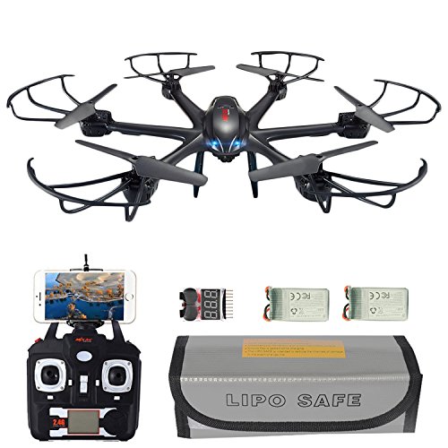Goldenwide MJX X601H RC Quadcopter Drone with Altitude-Hold HD Camera Wi-Fi FPV Real Time Transmission Extra: 7.4V 700mAh battery, Explosionproof Battery Safe Bag, Voltage Checker Warning Buzzer Black