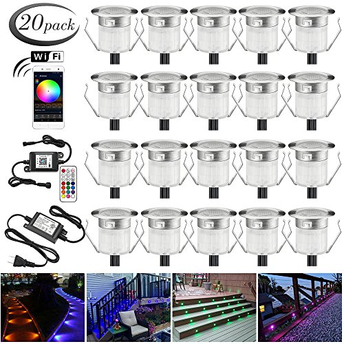 LED Deck Lights Kit, 20pcs Φ1.18″ WiFi Wireless Smart Phone Control Low Voltage Recessed RGB Deck Lamp In-ground Lighting Waterproof Outdoor Yard Path Stair Landscape Decor, Fit for Alexa,Google Home