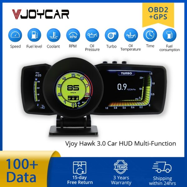 Vjoy Hawk 3.0 Car HUD Multi-Function Dashboard Head Up Display OBD2 GPS Smart Speedometer Auto Gauge Alarm System Turbo Boost