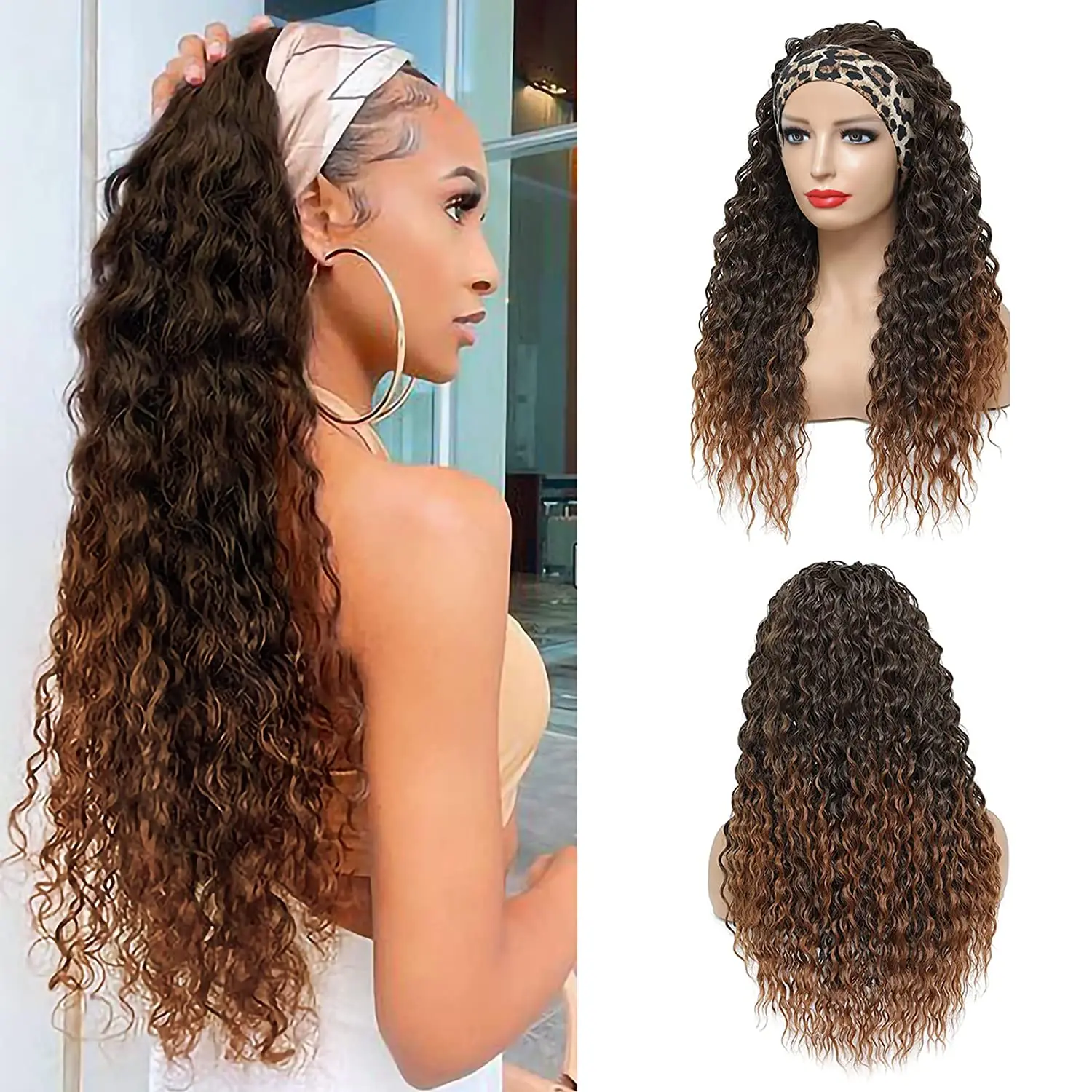 %name Headband Wig Synthetic Water Wave Headband Wigs for Black Women Deep Wavy Wigs with Headbands Attached Glueless Black Half Wig