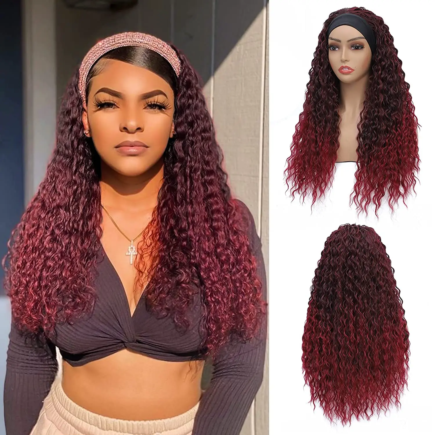 %name Headband Wig Synthetic Water Wave Headband Wigs for Black Women Deep Wavy Wigs with Headbands Attached Glueless Black Half Wig