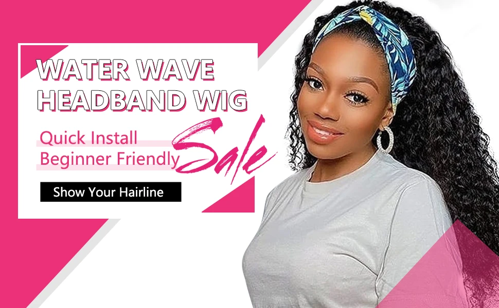 %name Headband Wig Synthetic Water Wave Headband Wigs for Black Women Deep Wavy Wigs with Headbands Attached Glueless Black Half Wig