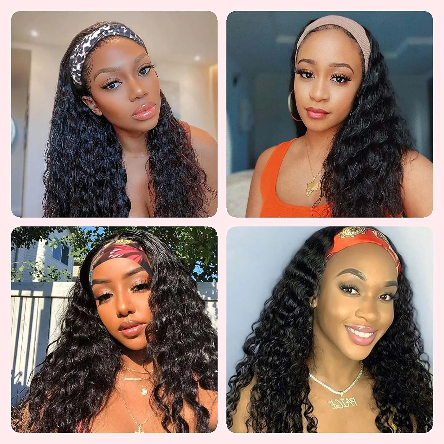 %name Headband Wig Synthetic Water Wave Headband Wigs for Black Women Deep Wavy Wigs with Headbands Attached Glueless Black Half Wig