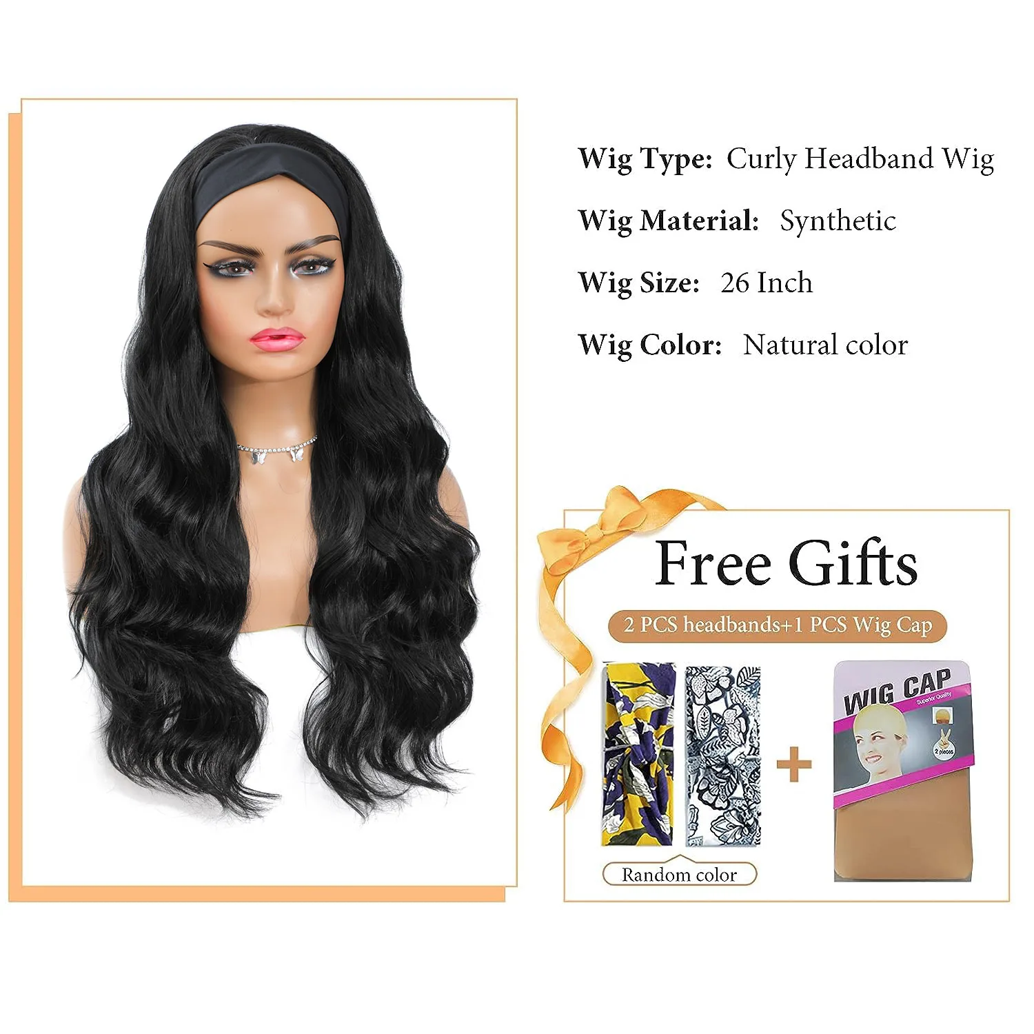 %name Headband Wig Synthetic Water Wave Headband Wigs for Black Women Deep Wavy Wigs with Headbands Attached Glueless Black Half Wig