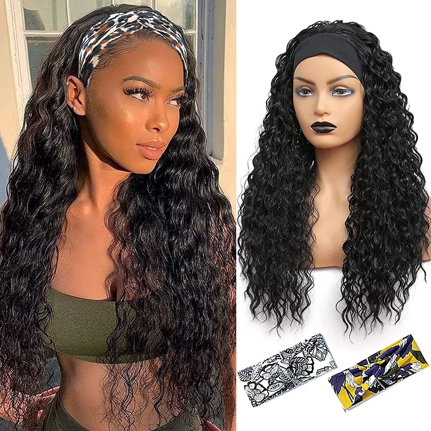 %name Headband Wig Synthetic Water Wave Headband Wigs for Black Women Deep Wavy Wigs with Headbands Attached Glueless Black Half Wig