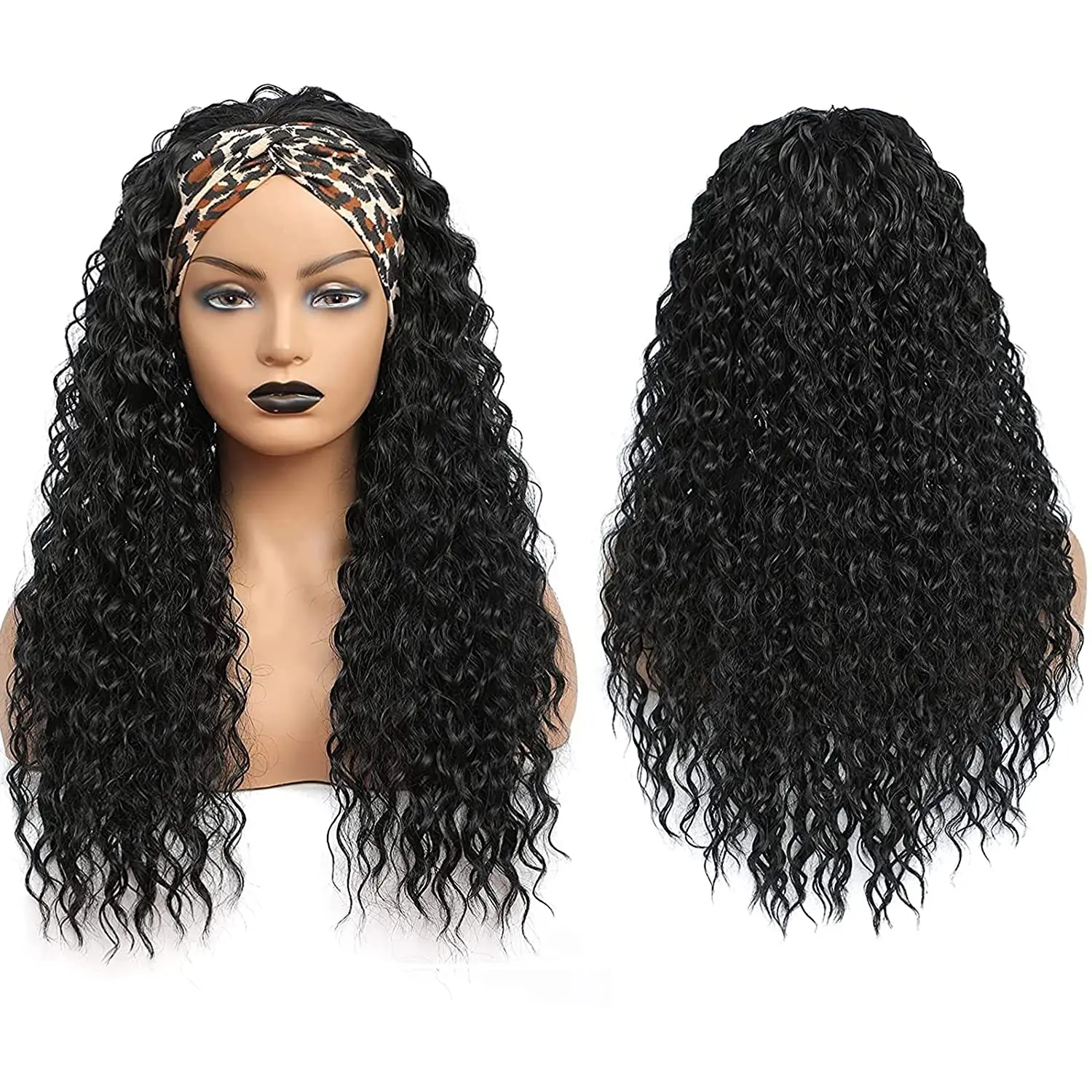 %name Headband Wig Synthetic Water Wave Headband Wigs for Black Women Deep Wavy Wigs with Headbands Attached Glueless Black Half Wig