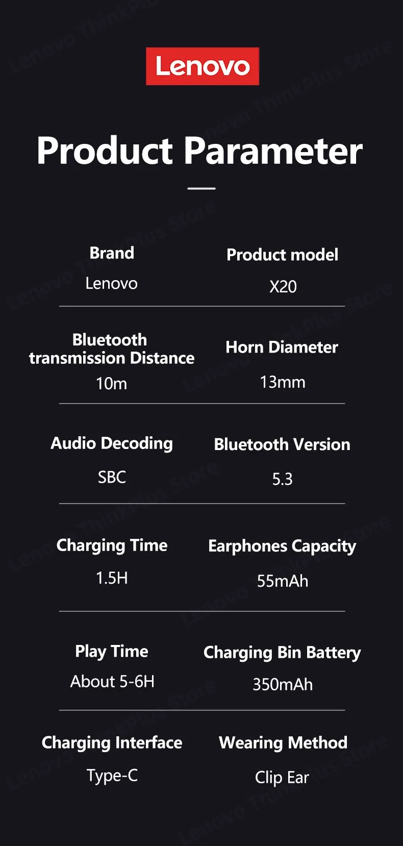 %name Lenovo X20 Earphones Bluetooth 5.3 Ear Clip Gaming Earphones Wireless Headphones Touch Control Earbuds 350mAh New Design