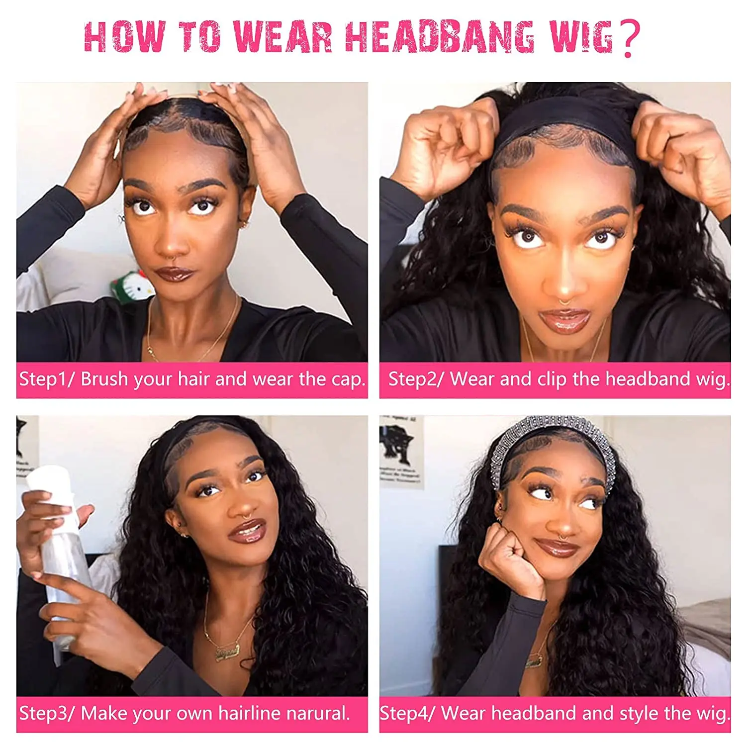 %name Headband Wig Synthetic Water Wave Headband Wigs for Black Women Deep Wavy Wigs with Headbands Attached Glueless Black Half Wig