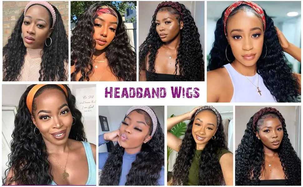 %name Headband Wig Synthetic Water Wave Headband Wigs for Black Women Deep Wavy Wigs with Headbands Attached Glueless Black Half Wig