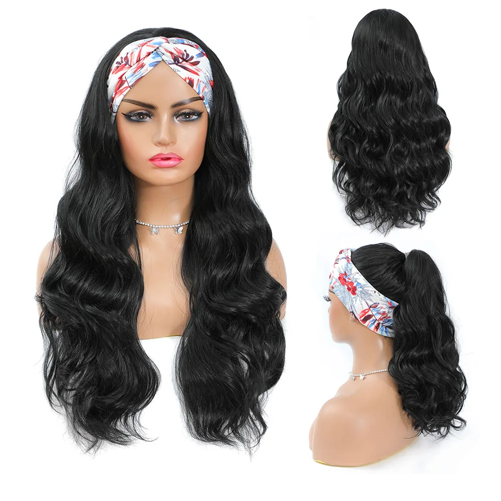 %name Headband Wig Synthetic Water Wave Headband Wigs for Black Women Deep Wavy Wigs with Headbands Attached Glueless Black Half Wig