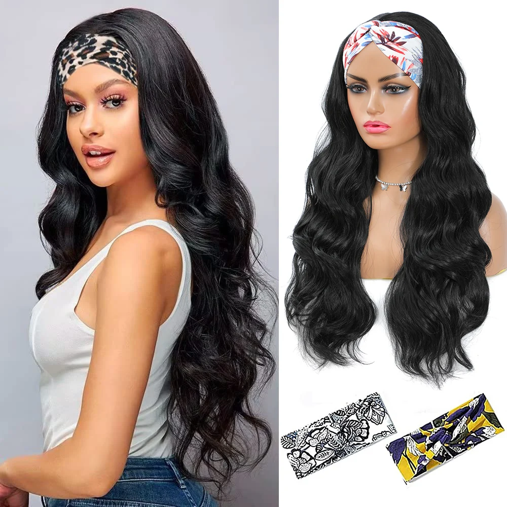 %name Headband Wig Synthetic Water Wave Headband Wigs for Black Women Deep Wavy Wigs with Headbands Attached Glueless Black Half Wig