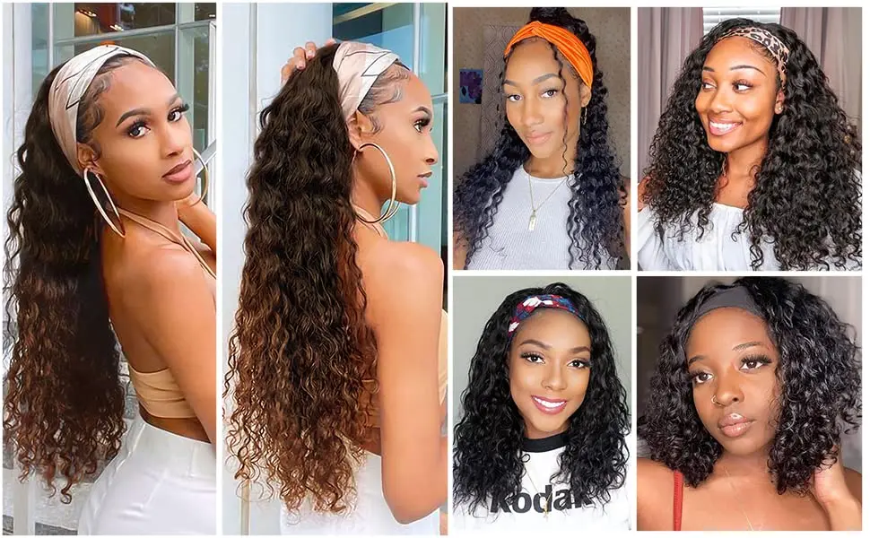 %name Headband Wig Synthetic Water Wave Headband Wigs for Black Women Deep Wavy Wigs with Headbands Attached Glueless Black Half Wig