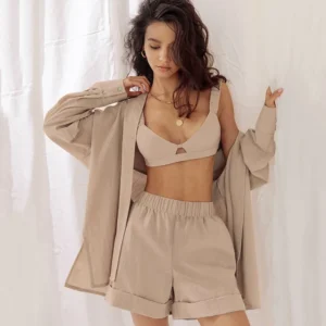 Homewear Bamboo Joint Cotton Women Loose Shirt Underwear Short Pants 3 Pieces Sets Summer High Waist Short Sets Shirts Suit