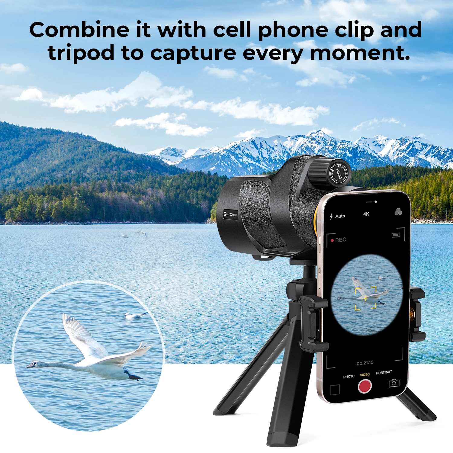 K&F Concept 12X50 Monocular Telescope IP66 Waterproof HD BAK4 Monocular for Birdwatching Hunting Travel with Phone Holder Tripod - Image 2