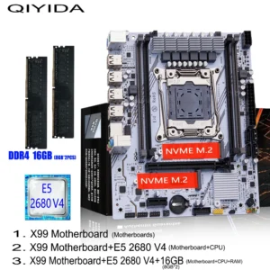 QIYIDA X99 Motherboard Set Kit LGA2011-3 Xeon E5 2680 V4 DDR4 16GB(2x8gb) PC4 SATA PCI16x3.0 NVME M.2 Gaming Computer