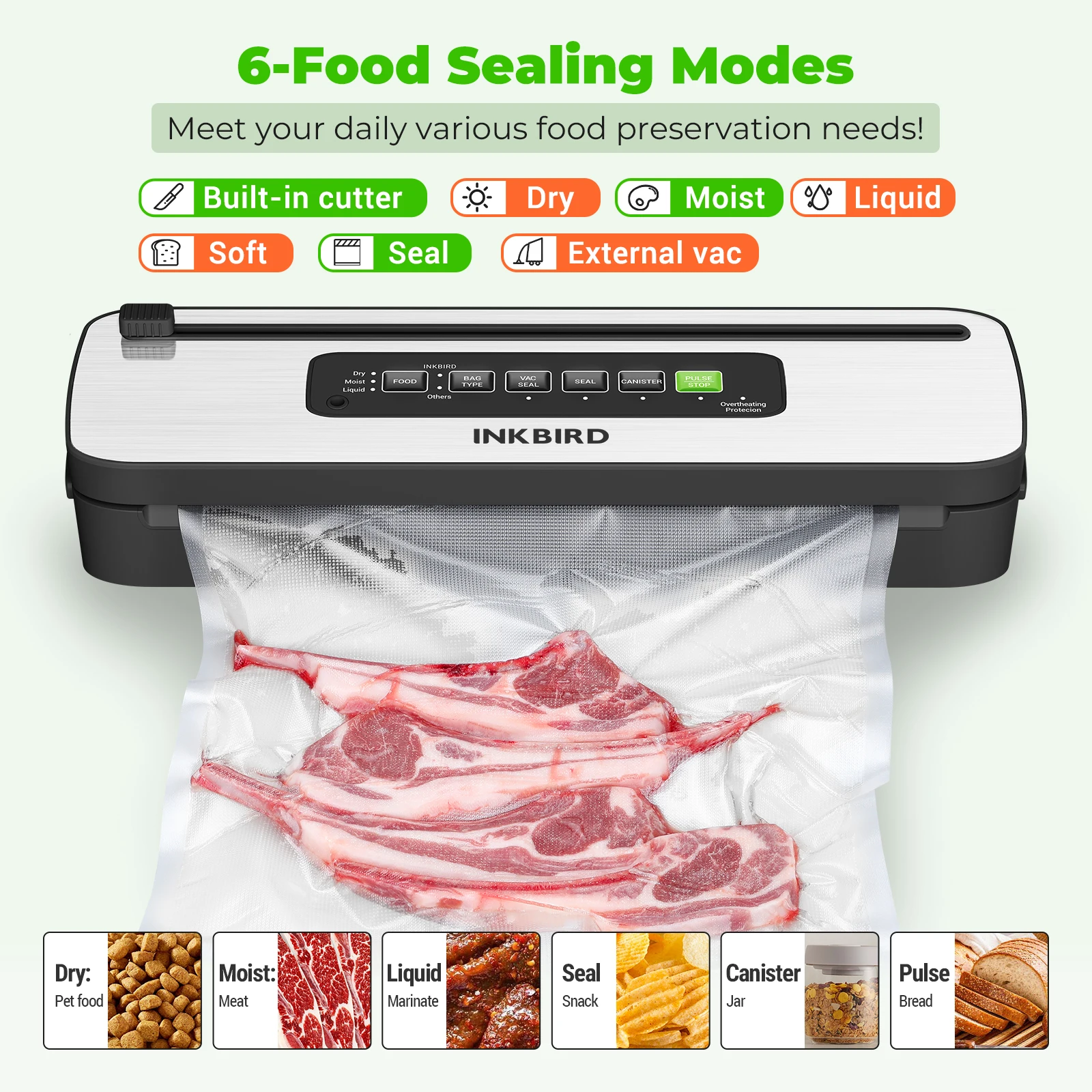 INKBIRD INK-VS05 Home Vacuum Sealer Machine, Dry / Moist / Liquid Food Types with Vac&Seal / Seal Only / Pulse / Canister Modes - Image 3