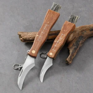 Outdoor Mini Camping Mushroom Knife Wooden Handle With Brush Portable Keychain Folding Knife Brush Hunting Survival Multi-Tool