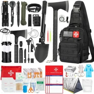 Survival Kit 262Pcs Emergency Gear with First Aid Tent Axe Hammer Shovel Crossbody Bag Camping Supplies Bug Out Bag for Men