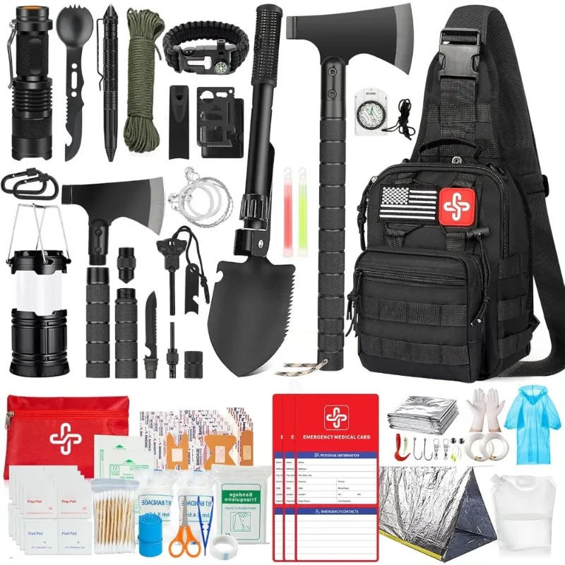 Survival Kit 262Pcs Emergency Gear with First Aid Tent Axe Hammer Shovel Crossbody Bag Camping Supplies Bug Out Bag for Men